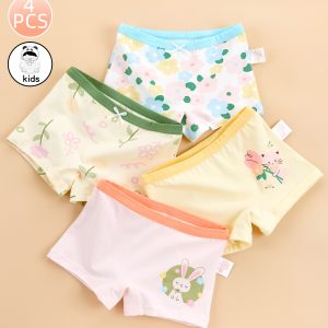 4-piece cartoon-style girls' four-cornered panties, fashionable flowers, floral print girls' underwear for older children, comfortable and soft girls' underwear, essential for home and outings.